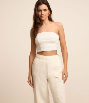 Blusa Tomara que Caia com Textura e Lastex nas Costas Branco