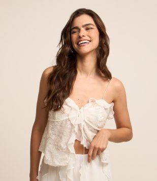 Blusa de Alça em Paetê com Babados e Laço no Decote Branco