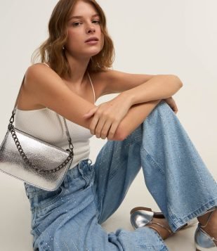 Bolsa Shoulder Baguete com Corrente Prata