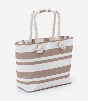 Bolsa de Praia em Lona com Alça de Corda Bege-Branco