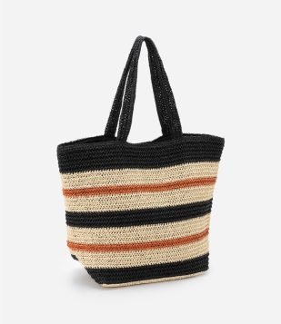 Bolsa de Praia em Palha Listrada Preto-Bege-Laranja