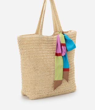 Bolsa de Praia em Palha com Lenço Amarrado Bege 2