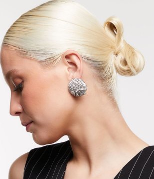 Brinco Botão Cravejado De Strass Prata