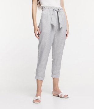 Calça Baggy Cintura Alta Em Sarja Listrada Com Amarração No Cós Cinza