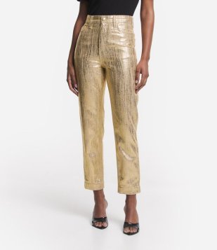 Calça Mom Cintura Alta Em Sarja Metalizada Com Bolsos Dourado