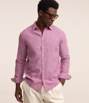 Camisa Comfort Básica em Linho com Gola Colarinho Ros