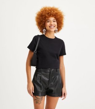 Camiseta Em Meia Malha Com Manga Curta Dobrada Preto