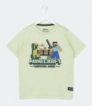 Camiseta Infantil com Estampa Minecraft e Etiqueta na Barra - Tam 5 a 14 Anos Verde Claro