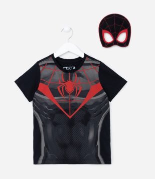 Camiseta Infantil com Estampa do Homem Aranha Miles Morales com Máscara - Tam 3 a 10 anos Preto