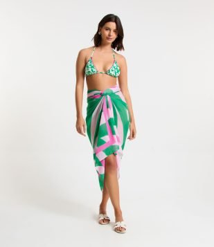 Canga em Chiffon com Tassel nas Pontas e Estampa Folhagem Multicores