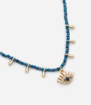 Colar Curto com Mini Cristais Artificiais Lapidados e Pingentes Gota e Olho Grego Azul/Dourado