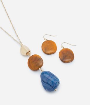 Conjunto Colar e Brinco com Pingente Pedra de Resina Multicores