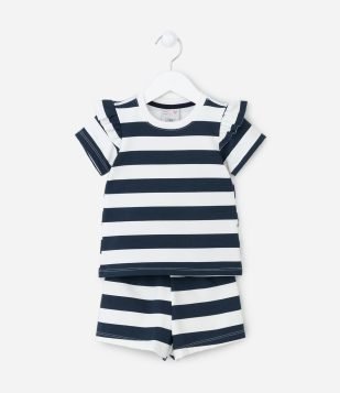 Conjunto Infantil com Listras e Babadinhos - Tam 1 a 5 Anos Branco-Azul