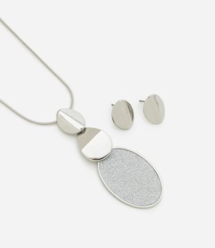 Conjunto de Colar Longo e Brinco com Revestimento Brilhante com Circulos Brilhantes e Metalizados Prata