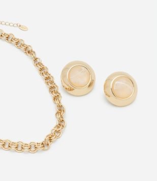 Conjunto de Colar com Nós e Brinco Botão com Pedra em Resina Off White-AC