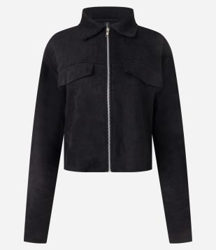 Jaqueta em Suedine com Gola de Lapela e Bolsos Fake Preto