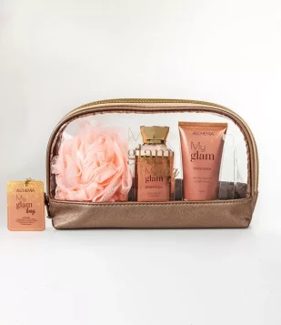 Kit My Glam Com Necessaire + Hidratante Corporal + Sabonete Liquido + Esponja De Banho Alchemia KIT