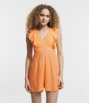 Macaquinho em Linho com Babado nos Ombros e Busto Laranja