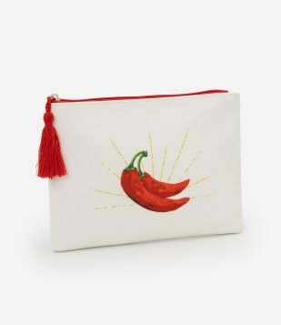 Necessaire Envelope com Estampa de Pimenta e Tassel Off White
