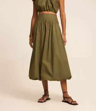 Saia Balonê Midi em Tricoline com Cós Largo Verde