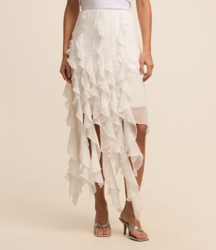 Saia Midi em Chiffon com Pontas Onduladas Branco