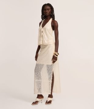 Saia Reta Long Midi em Paetê com Meio Forro Dourado