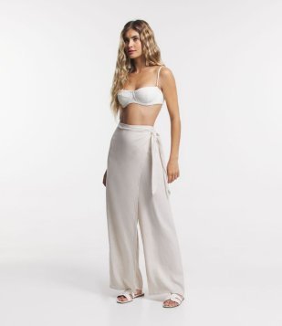 Saída De Praia Calça Envelope Em Viscolinho Com Amarração Lateral Off White