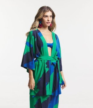 Saída De Praia Kimono Em Viscolinho Com Estampa Abstrata Verde/Azul