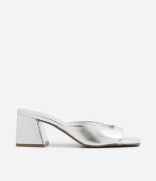 Sandália Mule Com Salto Bloco Prata