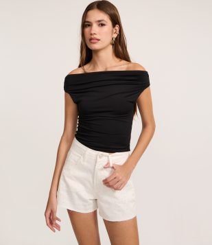 Short Mom em Sarja com Brilhos Off White