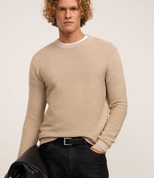 Suéter em Tricô Leve com Texturas Horizontais Bege