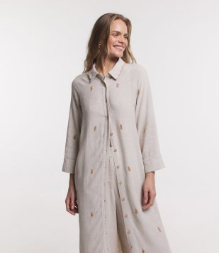 Vestido Chemise Manga Longa Em Linho Com Miçangas Aplicadas Bege