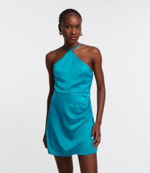 Vestido Curto Acetinado com Decote Halter e Saia Transpassada Azul