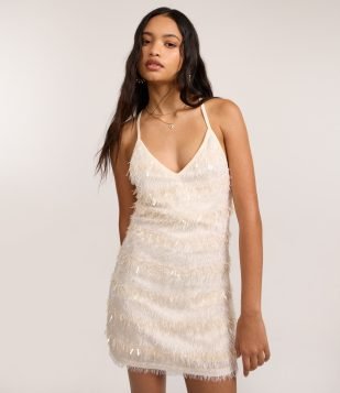 Vestido Curto com Franjas e Paetês Off White