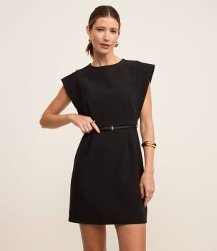 Vestido Curto em Alfaiataria com Cinto de PU Preto