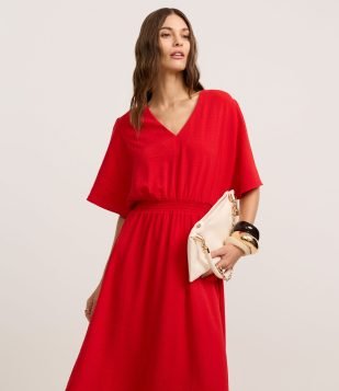 Vestido Evasê Midi em Airflow com Lastex na Cintura Vermelho
