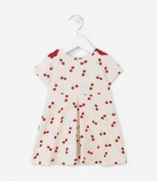 Vestido Infantil Com Laço No Ombro E Estampa De Cerejinhas - Tam 0 A 18 Meses Bege