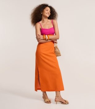 Vestido Long Midi em Viscolinho com Alças Finas Bicolor Laranja