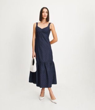 Vestido Longo De Alça Em Jeans Com Poás Estampados E Barra Franzida Azul