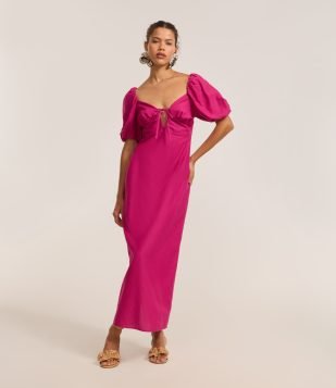 Vestido Longo EM Viscolinho com Amarração no Busto Rosa