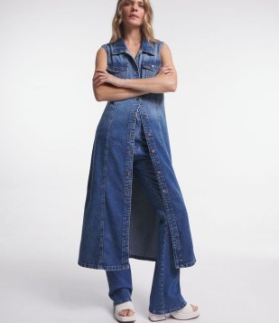 Vestido Longo Sem Manga Em Jeans Com Bolsos E Recortes Azul