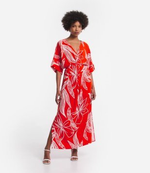 Vestido Midi Manga Ampla Em Viscolinho Com Folhagens Estampadas Laranja