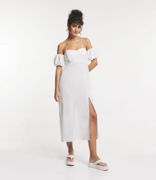 Vestido New Midi Em Linho E Decote Ombro A Ombro Branco