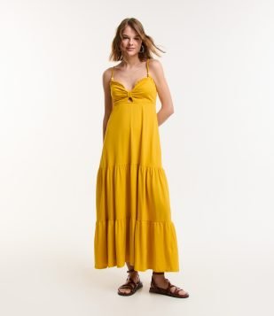Vestido New Midi em Algodão com Alça Trançada Amarelo