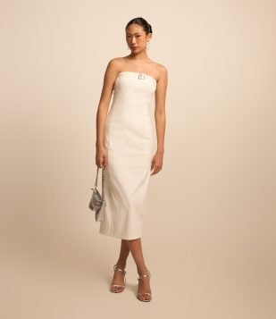 Vestido New Midi em Bengaline com Fivelas no Busto Off White