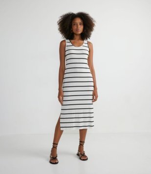 Vestido Regata Em Ribana Com Estampa Em Listras Branco