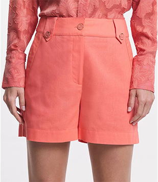 Short Alfaiatado Cintura Alta em Linho com Botões e Faixas no Cós Laranja Coral