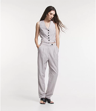 Calça Cenoura Cintura Média com Listras Riscas de Giz Cinza