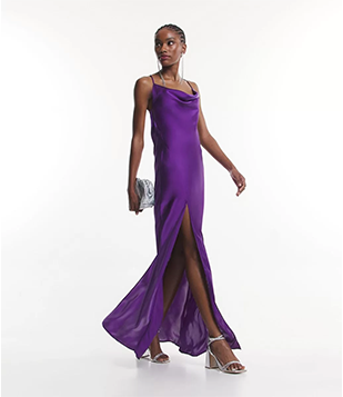 Vestido Longo Acetinado com Alcinhas e Decote Degagê Roxo