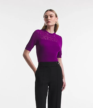 Blusa Manga Curta em Tricô Canelado com Pontos Diferenciados Roxo